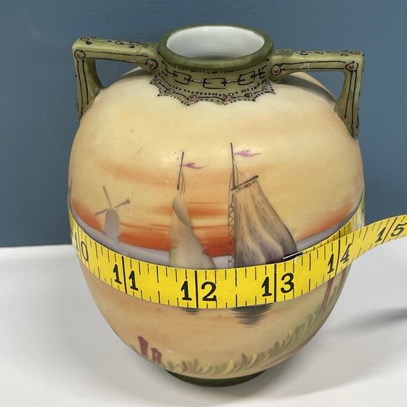 Old Noritake Handpainted Vase & Dish Sailing Ship Windmill Japan - Picture 9 of 16